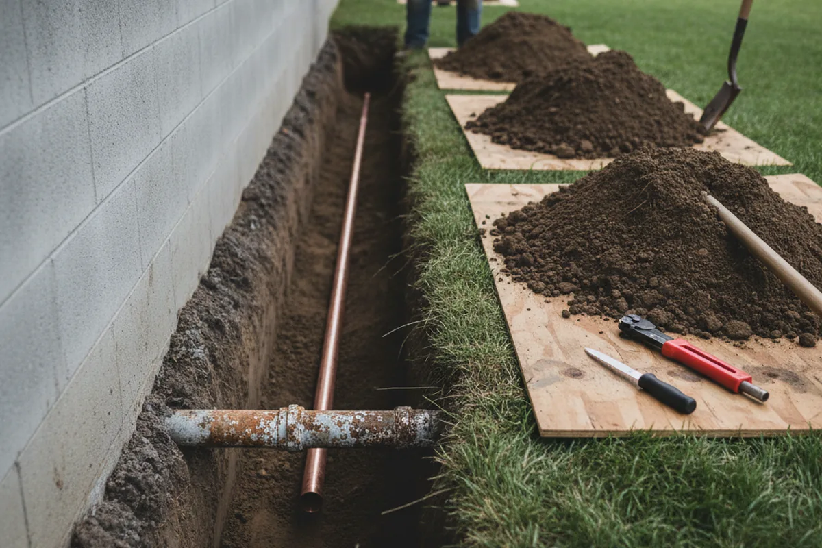 Excavated water line trench during Sewer Line Repair in Glennville